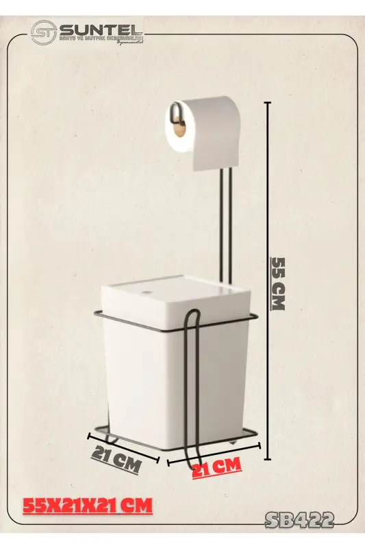 Banyo Mutfak Çöp Kovası & Metal Standlı Tuvalet Kağıtlık Seti - Şık ve Fonksiyonel - Beyaz - 5