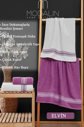 Banyo Qo'l Sochig'i To'plami 4 Dona Lila -Oq Elvin – Yumshoq Tuzilish (70X140X2 /50X90CMX2)-LILA - 2