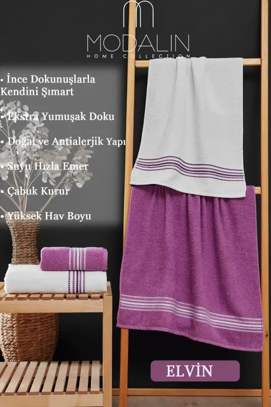 Banyo Qo'l Sochig'i To'plami 4 Dona Lila -Oq Elvin – Yumshoq Tuzilish (70X140X2 /50X90CMX2)-LILA - 2