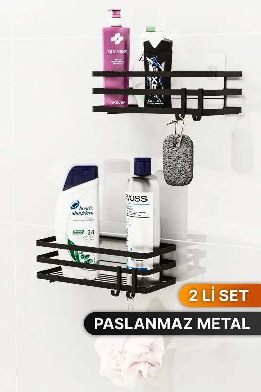 Banyo Tartibga Soluvchi Shampun Sovunlik 2 Li Set Lamali Yopishqoqli 4 Ilgakli Dush Raf Organayzer - 7