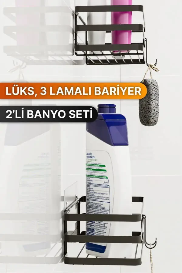 Banyo Tartibga Soluvchi Shampun Sovunlik 2 Li Set Lamali Yopishqoqli 4 Ilgakli Dush Raf Organayzer - 4