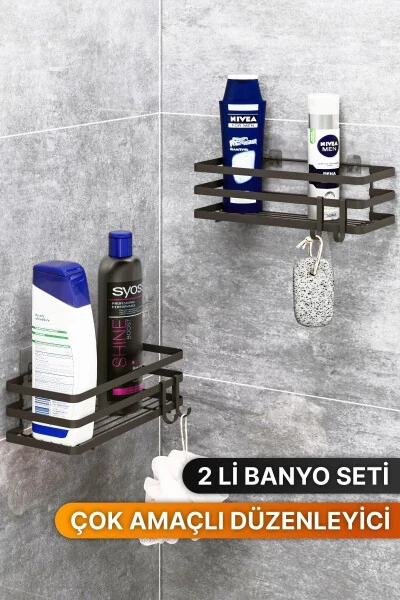Banyo Tartibga Soluvchi Shampun Sovunlik 2 Li Set Lamali Yopishqoqli 4 Ilgakli Dush Raf Organayzer - 5