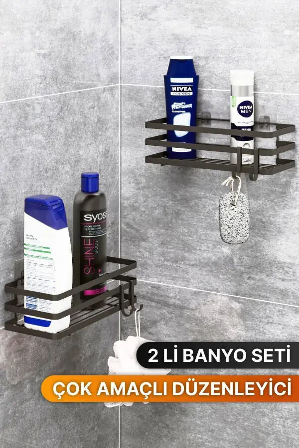 Banyo Tartibga Soluvchi Shampun Sovunlik 2 Li Set Lamali Yopishqoqli 4 Ilgakli Dush Raf Organayzer - 5