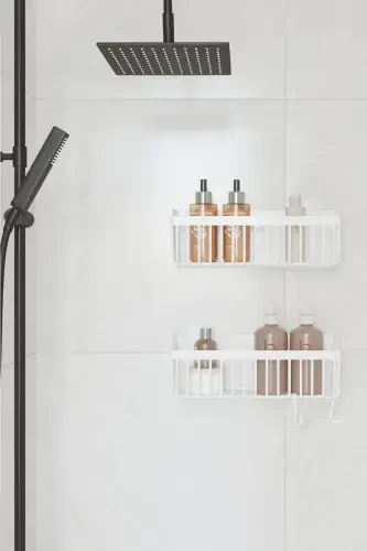 Banyor Yapışkanlı Banyo Rafı, 2'li Banyo Düzenleyici Organizer Banyo Duş Rafı Şampuanlık, Plstik-BEYAZ - ATA HOME (1)