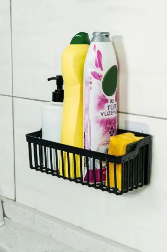 Banyor Yapışkanlı Banyo Rafı, 2'li Banyo Düzenleyici, Duş Rafı Organizer Şampuanlık, Plastik - SİYAH - 7