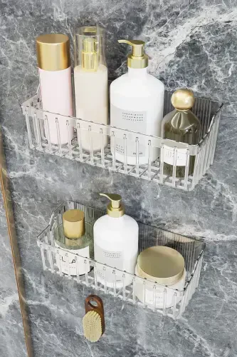 Banyor Yapışkanlı Banyo Rafı, 2'li Banyo Düzenleyici Organizer Banyo Duş Rafı Şampuanlık, Plstik-GUMUŞ GRİ - 1