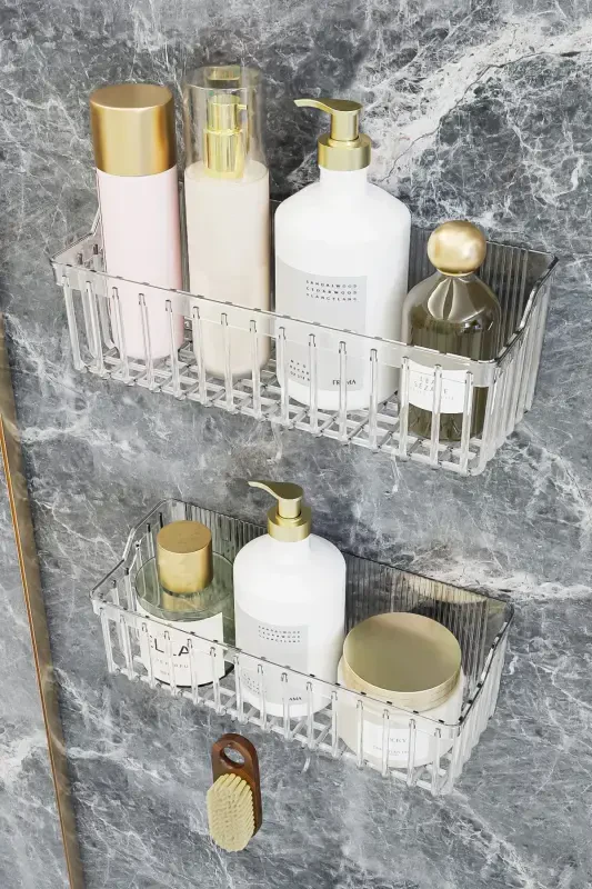 Banyor Yapışkanlı Banyo Rafı, 2'li Banyo Düzenleyici Organizer Banyo Duş Rafı Şampuanlık, Plstik-GUMUŞ GRİ - 1