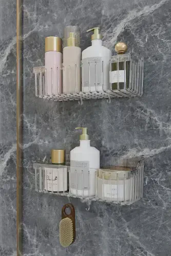 Banyor Yapışkanlı Banyo Rafı, 2'li Banyo Düzenleyici Organizer Banyo Duş Rafı Şampuanlık, Plstik-GUMUŞ GRİ - 3