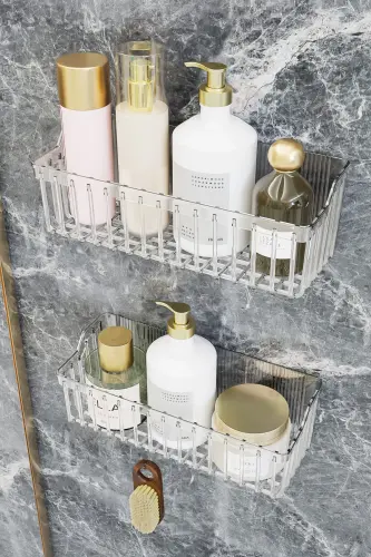 Banyor Yopishqoqli Banyo Rafi, 2'li Banyo Düzenleyici Organizer Banyo Dush Rafi Shampunlik, Plstik-GUMUSH GRI - 1