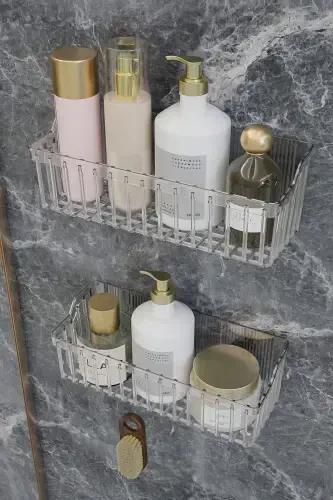 Banyor Yopishqoqli Banyo Rafi, 2'li Banyo Düzenleyici Organizer Banyo Dush Rafi Shampunlik, Plstik-GUMUSH GRI - ATA HOME (1)