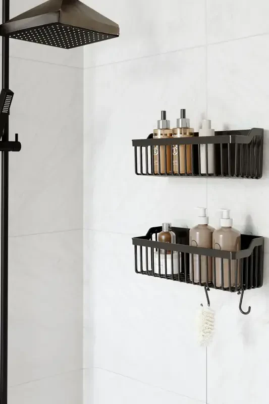 Banyor Yopishqoqli Vanna Rafı, 2'li Vanna Tartibga Soluvchi Organayzer Vanna Dush Rafı Şampunlik, Plstik-QORA - ATA HOME