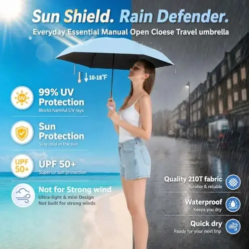 BAODINI Mini Travel Umbrella with UV Sun Protection, Compact Pocket-Size | 8.6 oz Lightweight, Small Portable for Sun & Rain, Fit Purse & Backpack, Travel essentials for Disney & European Trip - BAODINI (1)