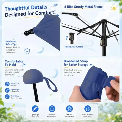 BAODINI Mini Travel Umbrella with UV Sun Protection, Compact Pocket-Size | 8.6 oz Lightweight, Small Portable for Sun & Rain, Fit Purse & Backpack, Travel essentials for Disney & European Trip - 4