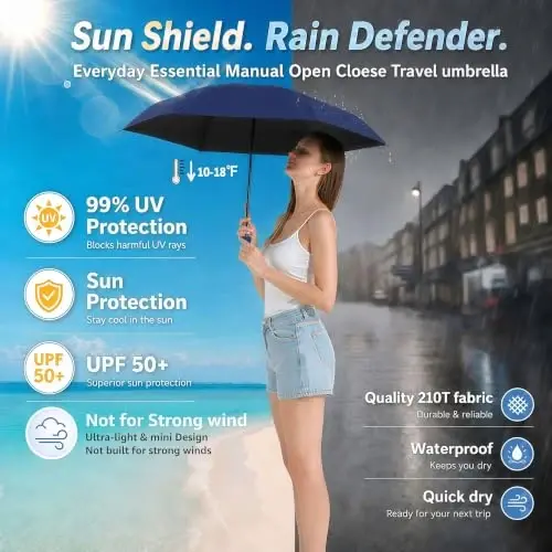BAODINI Mini Travel Umbrella with UV Sun Protection, Compact Pocket-Size | 8.6 oz Lightweight, Small Portable for Sun & Rain, Fit Purse & Backpack, Travel essentials for Disney & European Trip - BAODINI (1)