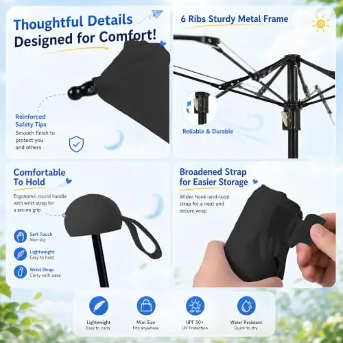 BAODINI Mini Travel Umbrella with UV Sun Protection, Compact Pocket-Size | 8.6 oz Lightweight, Small Portable for Sun & Rain, Fit Purse & Backpack, Travel essentials for Disney & European Trip - 5