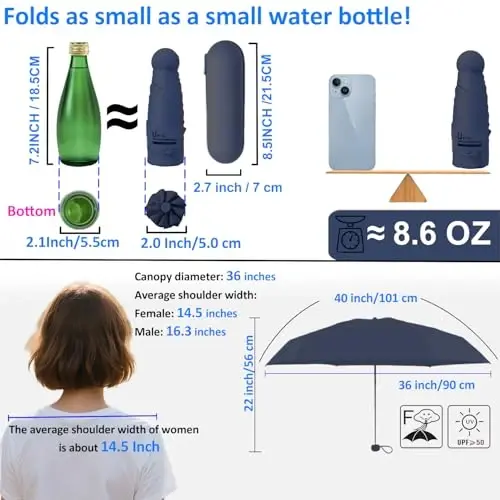 BAODINI Travel Essentials Mini Umbrella for Purse With Case Small Compact UV Sun Protection Lightweight Tiny Pocket Manual Open Close Umbrella for Women Kids and Men Fits Purse Backpack - 5