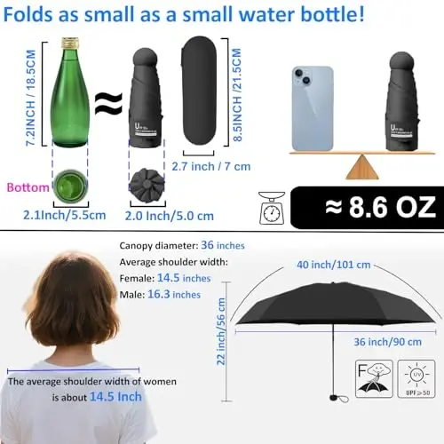 BAODINI Travel Essentials Mini Umbrella for Purse With Case Small Compact UV Sun Protection Lightweight Tiny Pocket Manual Open Close Umbrella for Women Kids and Men Fit Purse Backpack - 4