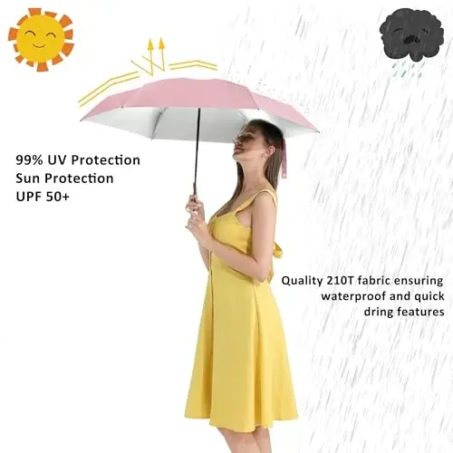 BAODINI Travel Essentials Mini Umbrella for Purse With Case Small Compact UV Sun Protection Lightweight Tiny Pocket Manual Open Close Umbrella for Women Kids and Men Fit Purse Backpack - 2
