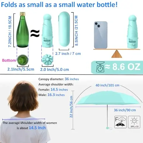 BAODINI Travel Essentials Hamyon uchun mini soyabon, g'ilofi bilan, kichik ixcham UV quyoshdan himoya qiluvchi yengil kichkina cho'ntak qo'lda ochiladigan yopiladigan soyabon ayollar, bolalar va erkaklar uchun hamyonga ryukzakga mos - 5