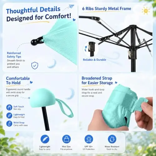 BAODINI Travel Essentials Hamyon uchun mini soyabon, g'ilofi bilan, kichik ixcham UV quyoshdan himoya qiluvchi yengil kichkina cho'ntak qo'lda ochiladigan yopiladigan soyabon ayollar, bolalar va erkaklar uchun hamyonga ryukzakga mos - 3