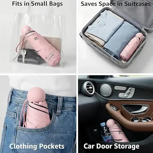 BAODINI Travel Essentials Hamyon uchun mini soyabon, g'ilofi bilan, kichik ixcham UV quyoshdan himoya yengil kichkina cho'ntak qo'lda ochiladigan yopiladigan soyabon ayollar, bolalar va erkaklar uchun Hamyon ryukzakka mos keladi - 2