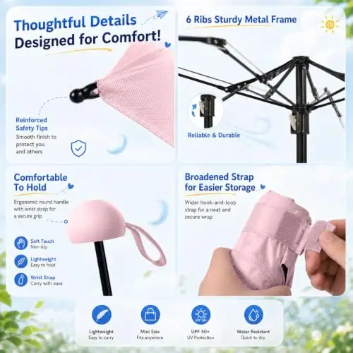 BAODINI Travel Essentials Hamyon uchun mini soyabon, G'ilofli, kichik ixcham UV quyoshdan himoya qiluvchi yengil kichkina cho'ntak qo'lda ochiladigan yopiladigan soyabon ayollar, bolalar va erkaklar uchun hamyon ryukzakiga mos - 3