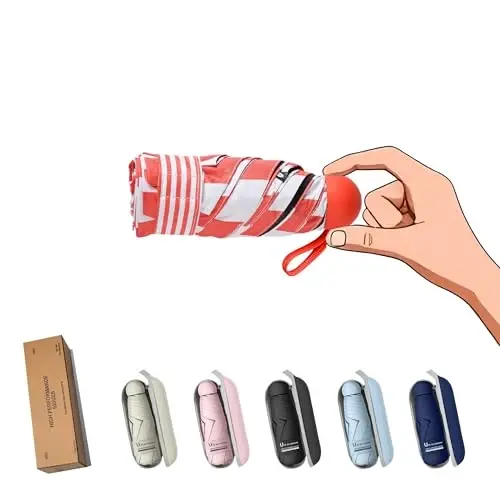 BAODINI Travel Essentials Hamyon uchun mini soyabon, G'ilofli kichik ixcham UV quyoshdan himoya qiluvchi yengil kichkina cho'ntak qo'lda ochiladigan yopiladigan soyabon ayollar, bolalar va erkaklar uchun hamyonga xalta mos keladi. 