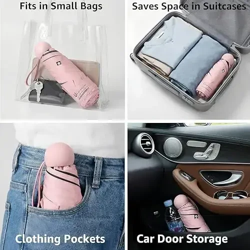 BAODINI Travel Essentials Hamyon uchun mini soyabon G'ilofli kichik ixcham UV quyoshdan himoya Yengil kichkina cho'ntak qo'lda ochiladigan yopiladigan soyabon Ayollar bolalar va erkaklar uchun Hamyon Ryukzak - 5