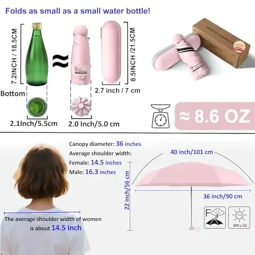 BAODINI Travel Essentials Hamyon uchun mini soyabon G'ilofli kichik ixcham UV quyoshdan himoya Yengil kichkina cho'ntak Qo'lda ochiladigan yopiladigan soyabon Ayollar bolalar va erkaklar uchun Hamyon ryukzakga mos keladi - 4