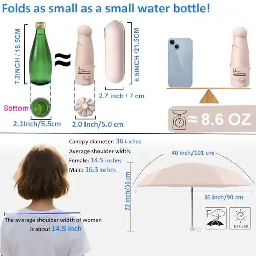 BAODINI Travel Essentials Hamyon uchun mini soyabon G'ilofli kichik ixcham UV quyoshdan himoya Yengil kichkina cho'ntak qo'lda ochiladigan yopiladigan soyabon ayollar bolalar va erkaklar uchun Hamyon Ryukzakka mos - 6