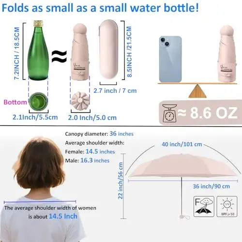 BAODINI Travel Essentials Hamyon uchun mini soyabon G'ilofli kichik ixcham UV quyoshdan himoya Yengil kichkina cho'ntak qo'lda ochiladigan yopiladigan soyabon ayollar bolalar va erkaklar uchun Hamyon Ryukzakka mos - 5