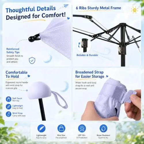 BAODINI Travel Essentials Hamyon uchun mini soyabon G'ilofli kichik ixcham UV quyoshdan himoya Yengil kichkina cho'ntak qo'lda ochiladigan yopiladigan soyabon Ayollar bolalar va erkaklar uchun hamyonga ryukzakga mos - 4