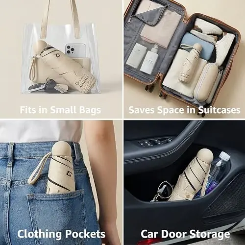 BAODINI Travel Essentials Hamyon uchun mini soyabon, kichkina ixcham UV quyoshdan himoya qilish, yengil kichkina cho'ntak qo'lda ochiladigan yopiladigan soyabon ayollar, bolalar va erkaklar uchun hamyon xaltasiga mos keladi - 3