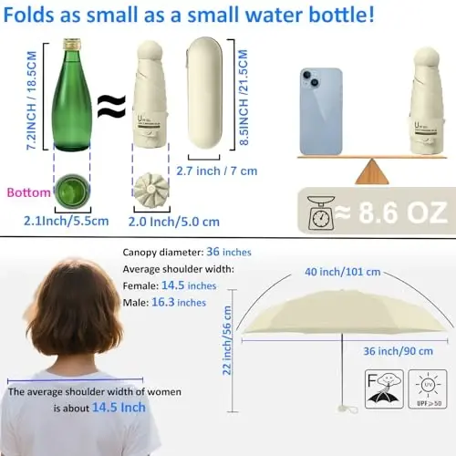 BAODINI Travel Essentials Hamyon uchun mini soyabon, kichkina ixcham UV quyoshdan himoya qilish, yengil kichkina cho'ntak qo'lda ochiladigan yopiladigan soyabon ayollar, bolalar va erkaklar uchun hamyon xaltasiga mos keladi - 5