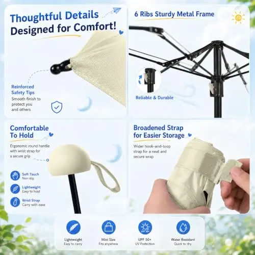 BAODINI Travel Essentials Hamyon uchun mini soyabon, kichkina ixcham UV quyoshdan himoya qilish, yengil kichkina cho'ntak qo'lda ochiladigan yopiladigan soyabon ayollar, bolalar va erkaklar uchun hamyon xaltasiga mos keladi - 3