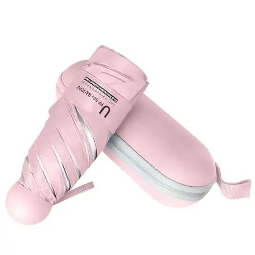 BAODINI Travel Essentials Hamyon uchun mini soyabon, kichkina ixcham UV quyoshdan himoya qiluvchi yengil kichik cho‘ntak, ayollar, bolalar va erkaklar uchun hamyon ryukzakiga mos qo‘lda ochiladigan yopiladigan soyabon 