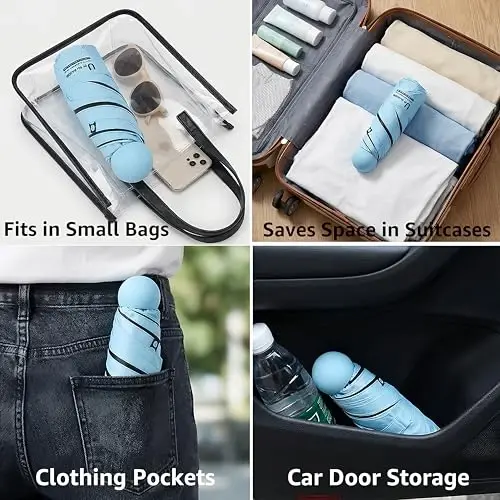 BAODINI Travel Essentials Hamyon uchun mini soyabon, kichkina ixcham UV quyoshdan himoya qiluvchi yengil kichik cho'ntak qo'lda ochiladigan yopiladigan soyabon ayollar, bolalar va erkaklar uchun hamyon ryukzakiga mos keladi. - 3