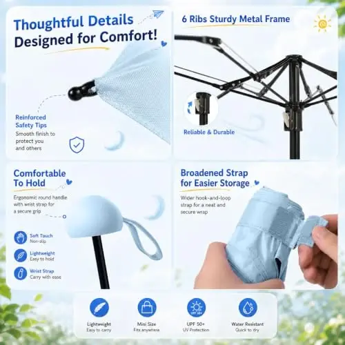 BAODINI Travel Essentials Hamyon uchun mini soyabon, kichkina ixcham UV quyoshdan himoya qiluvchi yengil kichik cho'ntak qo'lda ochiladigan yopiladigan soyabon ayollar, bolalar va erkaklar uchun hamyon ryukzakiga mos keladi. - 3