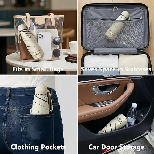 BAODINI Travel Essentials hamyon uchun mini soyabon, kichkina ixcham UV quyoshdan himoya qiluvchi yengil kichik cho'ntak qo'lda ochiladigan yopiladigan soyabon ayollar, bolalar va erkaklar uchun hamyonga ryukzakga mos - 3