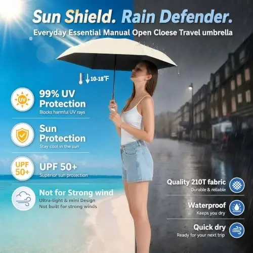BAODINI Travel Essentials Mini Umbrella for Purse With Case Small Compact UV Sun Protection Lightweight Tiny Pocket Manual Open Close Umbrella for Women Kids and Men Fit Purse Backpack 