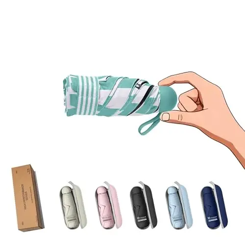 BAODINI Travel Essentials Mini Umbrella for Purse With Case Small Compact UV Sun Protection Lightweight Tiny Pocket Manual Open Close Umbrella for Women Kids and Men Fits Purse Backpack 