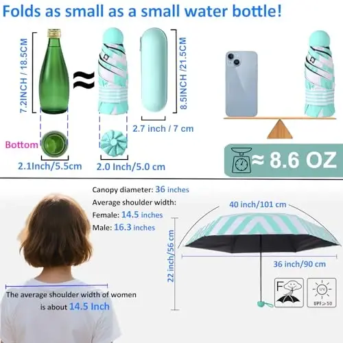 BAODINI Travel Essentials Mini Umbrella for Purse With Case Small Compact UV Sun Protection Lightweight Tiny Pocket Manual Open Close Umbrella for Women Kids and Men Fits Purse Backpack - 4