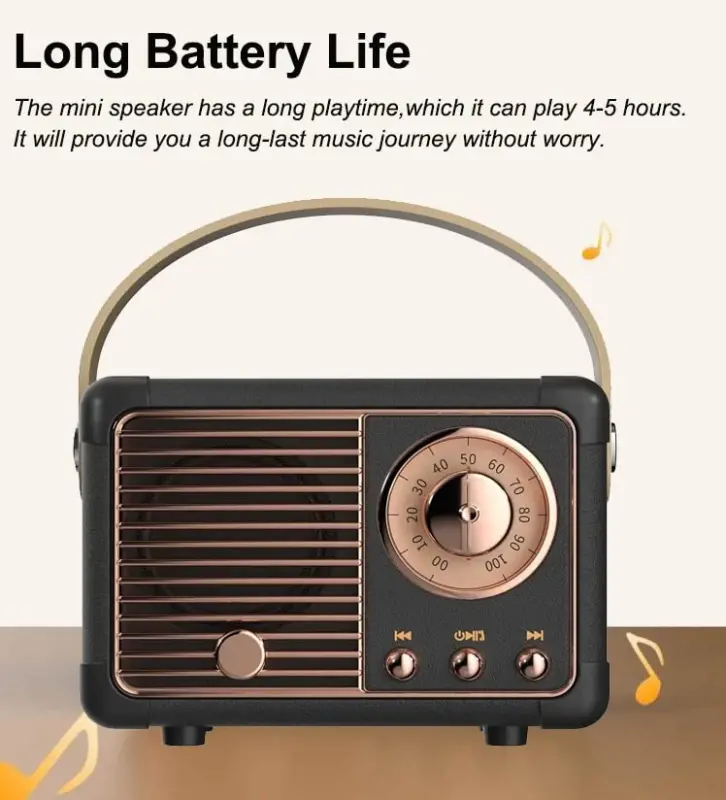 Baolira Retro Bluetooth karnay, Kristall ravshan stereo ovoz va boy bassga ega portativ simsiz karnay, Stol yotoq xonasi oshxonasi uchun retro dekor, Ayollar erkaklar o'smirlar uchun tug'ilgan kun sovg'alari (qora) - 5