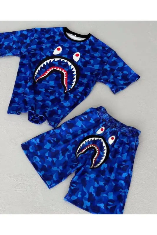 Bape Tshirt and Shorts Set-Blue - BUTIK BEYZA