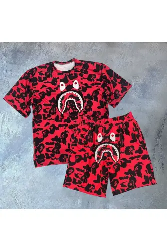 Bape Tshirt Ve Şort İkili Takım - Kırmızı 