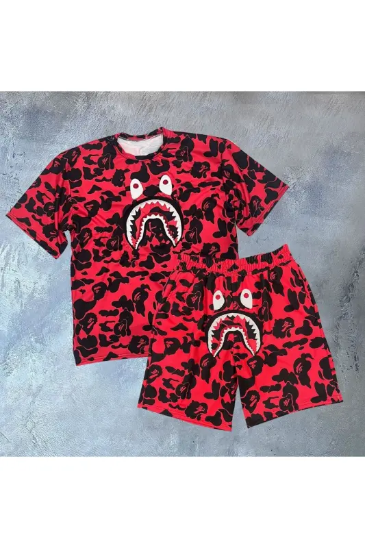 Bape Tshirt Ve Şort İkili Takım - Kırmızı - 1