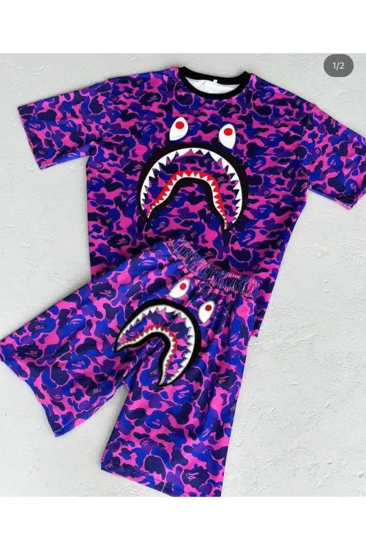 Bape Tshirt Ve Şort İkili Takım - Mor - 1