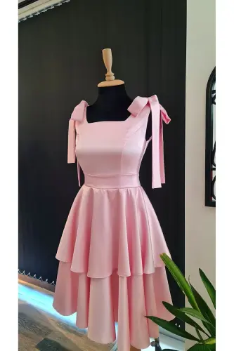 Barbie Pembe Saten Kumaştan Mini Boy Kare Yaka Doğum Günü Mezuniyet Elbisesi - PEMBE - 2