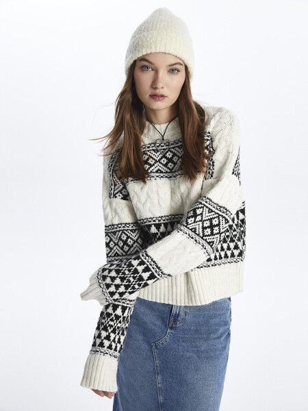 Barcelona - Bicycle Neck Soft Textured Jacquard Knit Sweater - White-Black Color - 6