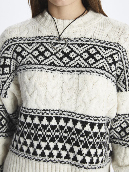 Barcelona - Bicycle Neck Soft Textured Jacquard Knit Sweater - White-Black Color - 9